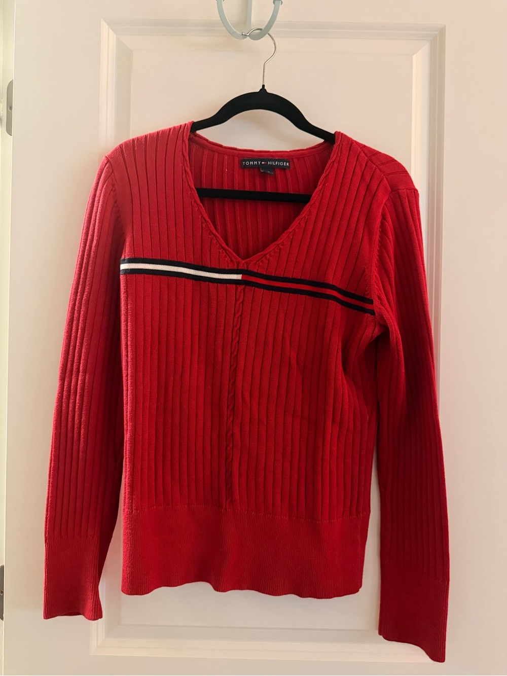 Tommy Hilfiger Red V-Neck Ribbed Sweater with Chest Stripe